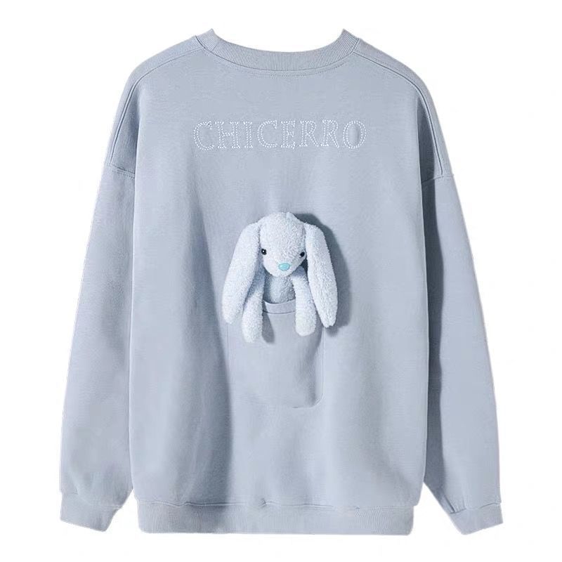 Loose Blue Round Neck Bear Men's Sweater