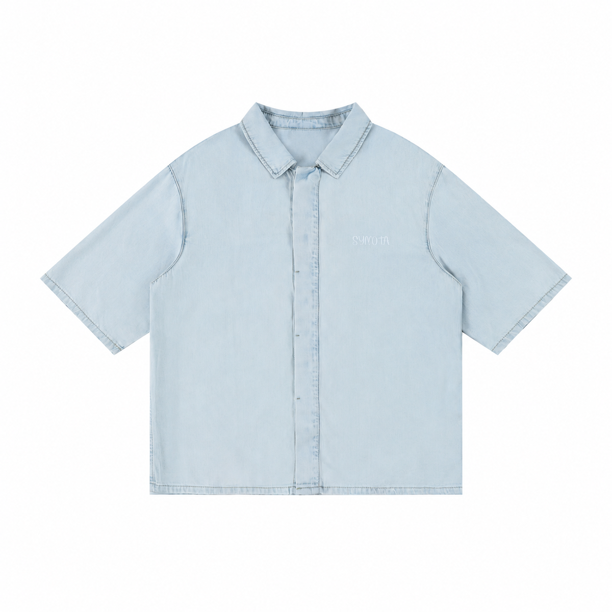 A light blue short-sleeve button-up shirt with a pointed collar and a small embroidered logo on the left chest, displayed flat against a solid white background.