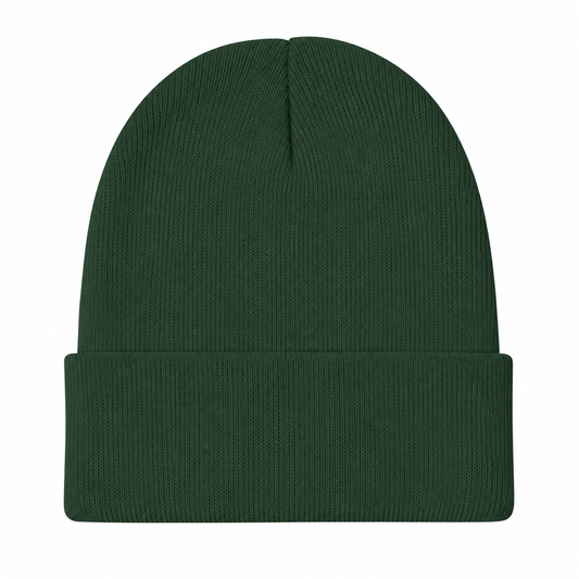 A dark green ribbed knit beanie hat with a folded cuff, shown against a plain white background.