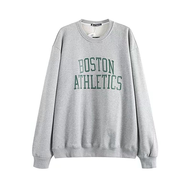 Fleece Boston Letters Print Crew Neck Cotton Pullover Sweatshirt