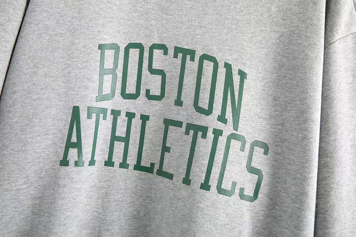 Fleece Boston Letters Print Crew Neck Cotton Pullover Sweatshirt